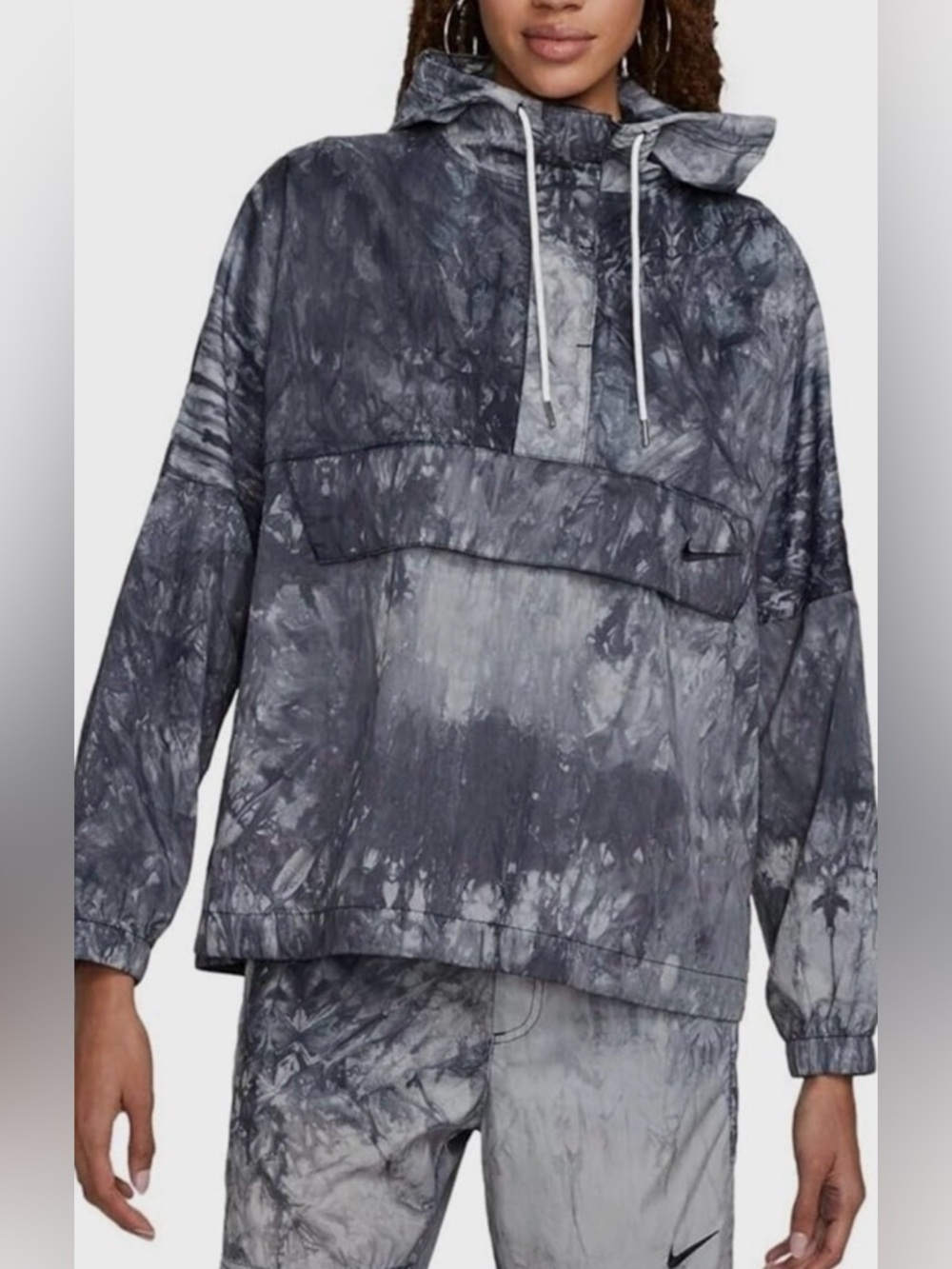 Nike Women's Boxy Nylon Pullover Hoodie size in Gray Black Wave Dye Medium